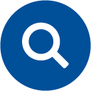icon graphic of a white magnifying glass on a blue background