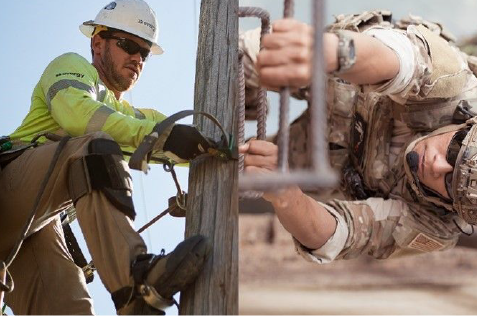 Split image of a lineman and a person in the military both climbing